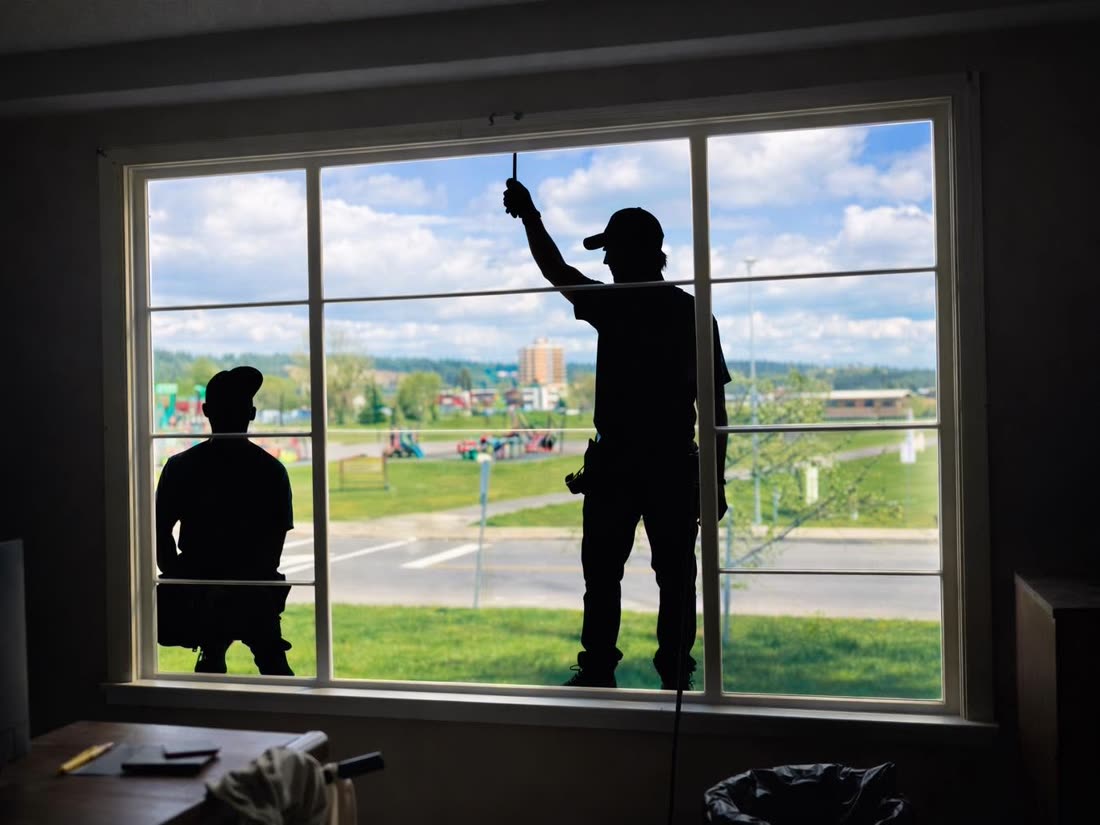 Two Lipstick installers silhouetted against a brand-new picture window overlooking a Prince George park