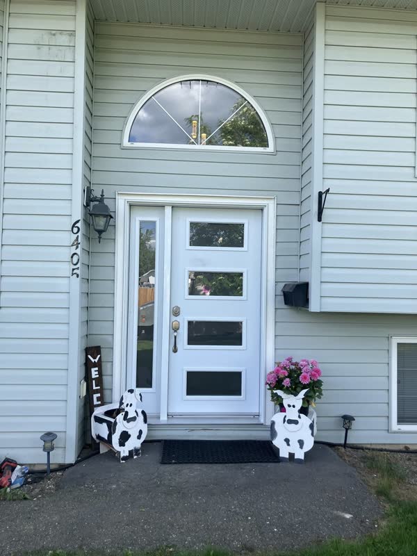 New white entry door with sidelight and arched transom — cow planters standing guard