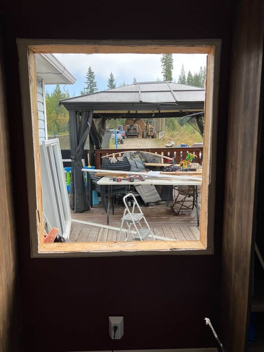 Patio door rough opening from inside, deck beyond